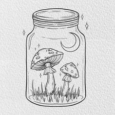 Two mushrooms in a jar with the moon cute art for a tattoo Easy Drawings Fairycore, Flowers In Jars Drawing, Fairy Design Drawing, Mushroom Terrarium Drawing, Cottagecore Drawing Aesthetic, Fairy Doodle Aesthetic, Mushroom Drawing Fairy, Mushroom Art Sketch, Magic Jar Drawing