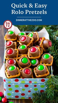 christmas pretzels in a box with the words quick and easy rolo pretzels