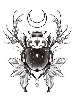 a black and white drawing of a bug with stars, leaves and moon in the background