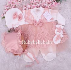 This 4pcs set includes; 1. Layette 2. Hat 3. Mittens (P-3M) or Bib (6-12M) 4. Bonnet Elegant Pink Gift Sets, Fitted Pink Sets For First Birthday, Pink Fitted Sets For Baptism, Fitted Pink Baptism Set, Pink Fitted Baptism Set, Cute Pink Gift Sets, Gift Fitted Pink Dress, Fitted Pink Dress For Gifts, Pink Fitted Dress For Gift