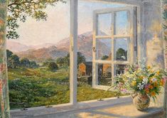 a painting of an open window with flowers in the foreground and mountains in the background