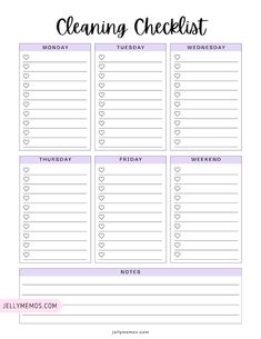 the printable cleaning checklist is shown in purple and white with hearts on it