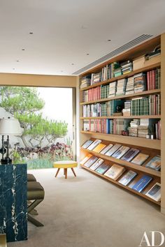 a living room filled with lots of books on top of a book shelf next to a window