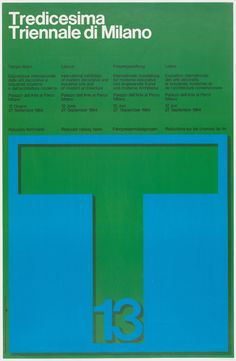 a poster with the number thirteen in blue, green and white on it's side