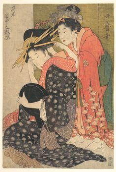 an old painting with two women dressed in traditional japanese clothing