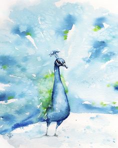 a watercolor painting of a peacock standing in front of a blue sky with green leaves