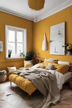 a bedroom with yellow walls and white trim on the bed is decorated with potted plants