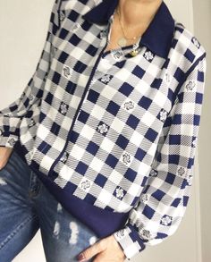 "Sweet 80s Vintage Blouson Blouse in blue white checked pattern. Features a dark blue collar and same color hemline. Hidden button front closure with a one gold toned button under the lapel. Long sleeves with buttoned cuffs. Shoulder pads. Match with your favorite vintage blazer, denim or high waisted pants. Best fits Size S-L depending on desired drape. Modeled on small frame. Tag reads Size 12. Please refer to measurements. Models measurements: 38\"-28\"-38\" 5'8\" tall. Measures approximately Preppy Gingham Collared Tops, Plaid Collared Top With Preppy Style, Preppy Collared Plaid Tops, Preppy Plaid Collared Top, Gingham Sweater, Blouson Blouse, Vintage Street Style, Columbia Tn, Vintage Gingham