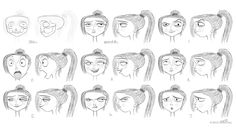 an animation character's head with various expressions and hair styles, including the eyes