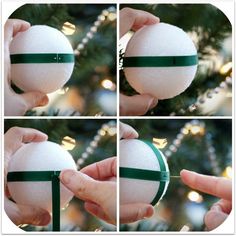 four pictures show how to make an ornament for a christmas tree with ribbon