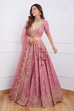 Buy Pink Chanderi And Organza Lining Satin Embroidery Sequin Lehenga Set For Women by Jigar Mali Online at Aza Fashions. Simple Engagement Lehenga, Simple Lehanga Ideas, Pink Gota Work Lehenga For Eid, Pink Lehenga With Gota Work For Eid, Pink Kundan Lehenga For Eid, Pink Chandbali Choli With Intricate Embroidery, Pink Lehenga With Gota Work For Wedding, Elegant Pink Lehenga With Gota Work, Pink Gota Work Gown For Diwali