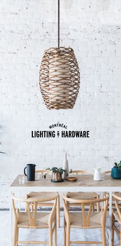 a dining room table and chairs with the words lighting & hardware on it above them