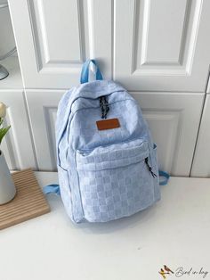 BirdinBag - Preppy Blue Checkered Pattern Classic Backpack with Letter Patch - Ideal for School Casual Light Blue Backpack For Everyday Use, Light Blue Large Capacity Backpack, Large Capacity Light Blue Backpack, Light Blue Backpack For Back To School, Light Blue Backpack With Zipper Closure, Trendy Blue Rectangular Backpack, Light Blue Travel Bags For Back To School, Light Blue Large Capacity Bag For Students, Trendy Light Blue Backpack