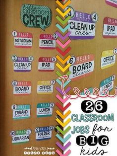 a bulletin board with lots of stickers on it and the words classroom jobs for kids