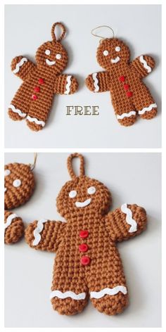 crocheted ginger ornament with red buttons and white trims is shown in three different views