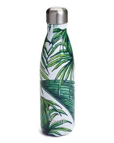 a white and green water bottle with palm leaves on it