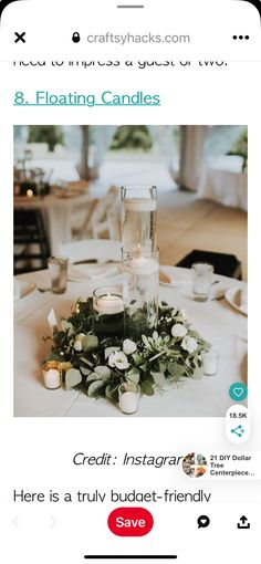 an instagram page with candles and flowers on the table in front of it, which reads 8 floating candles credit instagram here is a truly budget - friendly