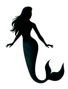 the silhouette of a mermaid with long hair and tail, standing in front of a white background