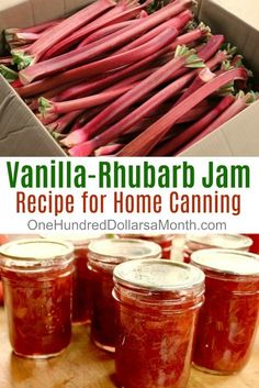 several jars filled with pickled rhubarb jam on top of a wooden table