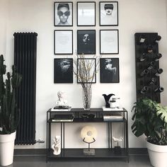 a living room filled with furniture and pictures on the wall next to potted plants