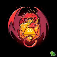 a red dragon is sitting on top of a yellow d20 dice in the dark