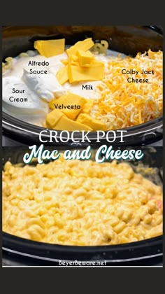 crock pot mac and cheese recipe in the crock pot with text overlay