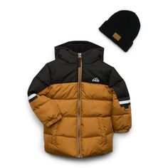 Winter will be no match for your little boy in this cute Ixtreme boys hooded color block puffer with knit hat. This trendy jacket features eye-catching color block details and a cozy polar fleece lining. With a zip front, two handy front pockets and a snug hood, it's perfect for chilly days. Paired with a matching knit hat, this set allows him to stay toasty and cool all season long. Adventure-ready and fashion-forward, it's the ultimate winter essential! Size: 3T.  Color: Brown.  Gender: male. Boys Winter Coats, Winter Puffer Coat, Hooded Winter Coat, Girls Vest, Trendy Jackets, Girls Outerwear, Kids Clothes Boys, Boys Coat, Polar Fleece