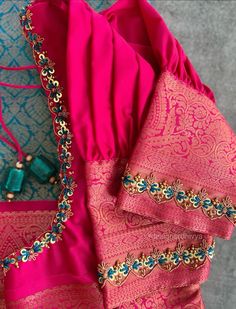 Blouse Designs With Aari Work, Simple Aari Design, Blouse Designs Back Neck, Blouse Designs Back, Basic Blouse Designs, Tracing Design, Brocade Blouse Designs, Pink Blouse Designs, Lace Blouse Design