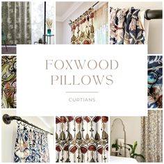 the curtains are all different colors and patterns in this collage with text that reads foxwood pillows