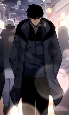 an anime character is standing in the middle of a crowded area with his hands on his hips