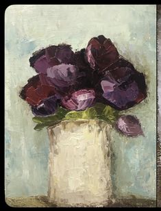 a painting of purple flowers in a white vase