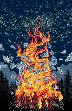 a painting of a fire with lots of butterflies flying around it in the night sky