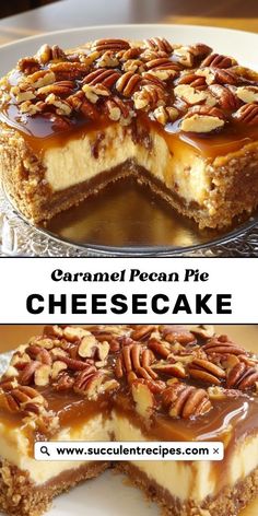 a cheesecake with caramel pecan pie toppings on top and the bottom