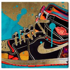 a painting of a pair of sneakers with colorful paint splatters