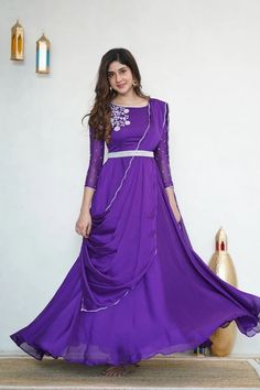 Hand embroidered Anarkali with embroidery  dupatta / purple anarkali suit set / anarkali dupatta USA / crepe georgette dress with embroidered scallop dupatta / Indian dresses/ voggish / purple maxi dress with belt and dupatta          Looking for a perfect indian dress/anarkali/suit sets that are trendy, unique and easy to carry !! yess, You are at the right place. we carry such versatile pieces of anarkalis and suit sets that really let you stand out in any occassion !!      featuring this beautiful crepe georgette dress in purple color with hand embroidered at the front neck and body with 3/4 sleeves as shown paired with matching dupatta and belt with embroidery as shown !! A very classy, beautiful look makes your occasion Perfect !! Ready to ship !! can be customized in any color !! Det Indian Dresses Anarkali, Purple Anarkali, Georgette Anarkali, Silk Anarkali, Punjabi Outfits, Purple Maxi Dress, Georgette Dress, Anarkali Suit, Anarkali