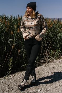 Baltic Born exclusive style Cozy up this fall! Tan with brown, blue, and black multi Cute print throughout Knit material throughout Long sleeves Pull on style Ribbed at neckline, sleeve cuffs, and hem 100% Acrylic Marianne is 5'6, cup size 34D, size 6 and wearing size S Trina is 5'6, cup size 32D, size 2 and is wearing size S Bohemian Jacquard Knit Sweater For Fall, Fall Bohemian Jacquard Knit Sweater, Casual Patterned Sweater For Fall, Casual Brown Jacquard Knit Sweater, Fair Isle Patterned Sweater For Fall, Fall Fair Isle Patterned Sweater, Fall Fair Isle Pattern Sweater, Cozy Brown Tops With Fair Isle Pattern, Casual Brown Top With Fair Isle Pattern