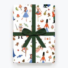 a present wrapped in green ribbon and surrounded by cartoon characters