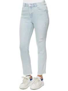 These exceptionally comfy high-rise jeans give off the perfect vintage vibe with a powder blue wash, rips along the legs, and a clean-finished frayed hem. Crafted from soft and stretchy premium denim and designed with our mold and hold smoothing mesh panels and a no-gap hidden elastic waistband. Our slim straight cropped style is fitted through the hips with a relaxed leg shape. Light blue wash 1% spandex Zipper with button closure Five-pocket style Distressed detail Clean finish fray hem Feel c Spice Market, Jeans Outfits, Girlfriend Jeans, Tall Jeans, Curvy Jeans, Light Blue Jeans, Vintage Vibe, Petite Jeans, Cropped Style