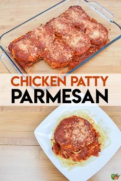 chicken parmesan in a casserole dish on a wooden table with text overlay