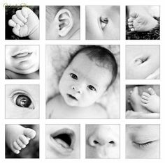 black and white images of baby's eyes, nose, hands, feet and mouth