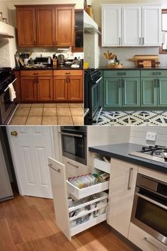 four different pictures of kitchen cabinets and drawers