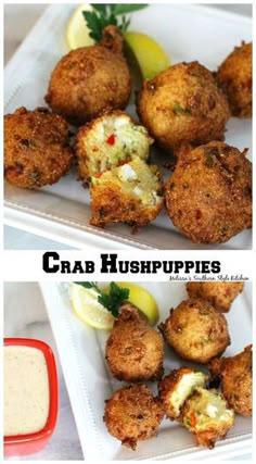 crab hush puppies on a plate with dipping sauce