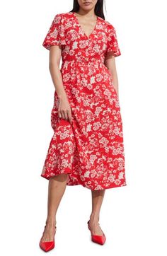 An enchanting floral pattern brightens up a flutter-sleeve midi dress in a classic A-line silhouette. 46 1/2" length (size 4) Front button closure V-neck Short sleeves Side-seam pockets Unlined 85% viscose, 15% polyamide Dry clean Imported Red Floral Print Knee-length Midi Dress, Red Flowy Floral Midi Dress, Red Midi Floral Dress, Red Floral Print Midi Dress, Red Floral Print Midi Dress For Daywear, Red Floral Midi Dress For Daywear, Red Midi Dress With Ditsy Floral Print, Midi Dress With Sleeves, Nordstrom Dresses