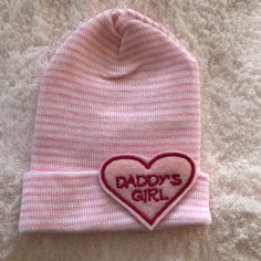 Hospital Medical Grade Hat/Heart-Daddy’s Girl! Size Newborn! Hand Wash-Air Dry! Playful White Beanie One Size Fits Most, Playful White Beanie One Size, Trendy Adjustable White Beanie, Trendy White Warm Hats, Trendy Warm White Hat, Cute Cotton Hats For Birthday, Playful Pink Beanie, One Size Fits Most, Playful Pink Beanie (one Size Fits Most), Cute Cotton Birthday Hats