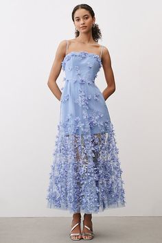 Float across the dance floor surrounded by florals in this garden-grown gown. Textured and dimensional floral embellishments invite a playful—yet romantic—moment. | Audrey Square-Neck Floral Applique Sheer Midi Dress by Helsi in Purple, Women's, Size: Largearge, Polyester at Anthropologie Garden Wedding Dress Guest, Purple Formal Dress, Floral Applique Dress, Sheer Midi Dress, Flowy Midi Dress, Purple Midi Dress, Garden Party Dress, Guest Attire, Wedding Attire Guest