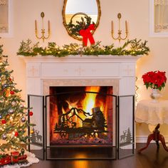 a fireplace decorated for christmas with a man and woman sitting on a sleigh