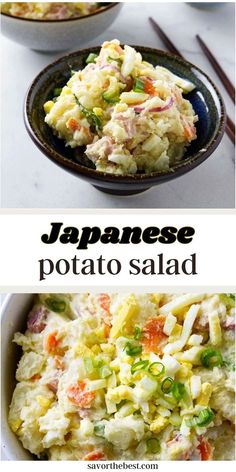 japanese potato salad in a bowl with chopsticks next to it and another side dish