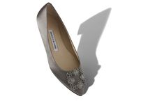 HANGISIFLAT | Grey Satin Jewel Buckle Flats | Manolo Blahnik Elegant Silver Flats For Evening, Luxury Pointed Toe Evening Flats, Elegant Silver Closed Toe Flats, Elegant Embellished Flats For Evening, Elegant Embellished Flats For Formal Occasions, Elegant Embellished Evening Flats, Elegant Embellished Formal Flats, Silver Low Heel Flats For Evening, Elegant Silver Almond Toe Flats