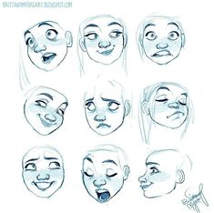 various facial expressions drawn in pencil on paper