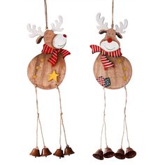 two wooden reindeer ornaments hanging from strings with bells and bells attached to the top of them